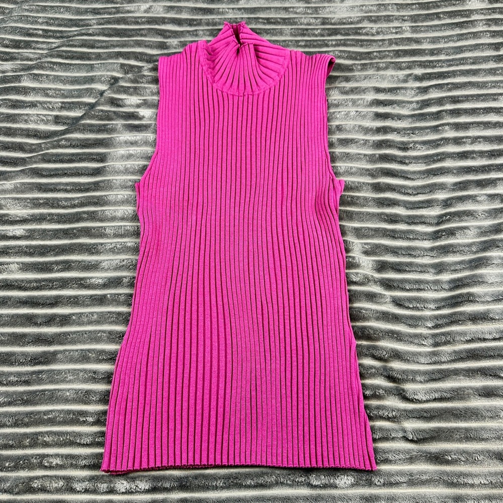 August Silk Magenta Pink Sleeveless Turtleneck Ribbed Knit Sweater Top Womens L